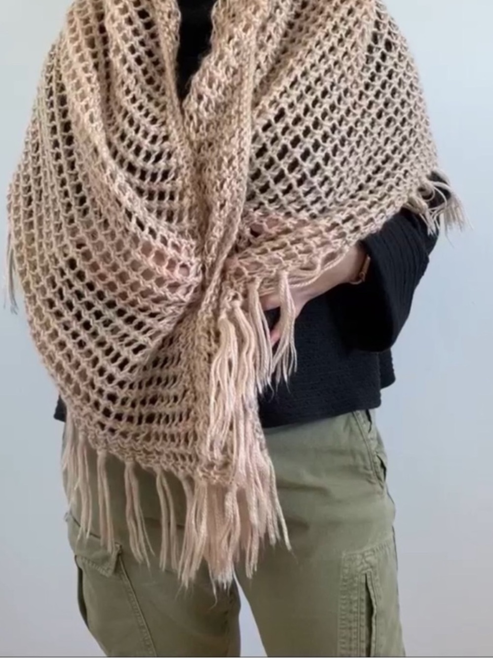 Cream Knit Shawl with Fringe Blush Handcrafted Knit Fringed Knit Triangle Shawl